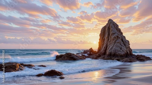 Serene Sunset Over Rocky Shoreline with Gentle Waves and Colorful Clouds in the Evening Sky