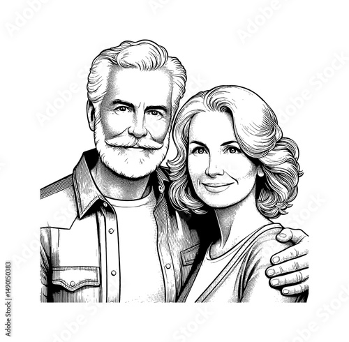 Lovely Senior Couple Portrait with Smiling Face Expression in Detailed Black and White Line Art
