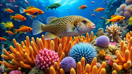 Vibrant underwater scene showcasing a diverse array of colorful fish swimming amidst a lush coral reef teeming with various coral formations