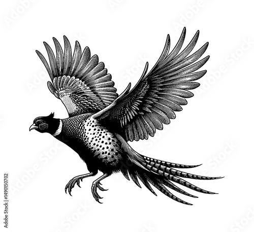 Detailed Engraving of Pheasant Bird Flying with Open Wings on Isolated White Background