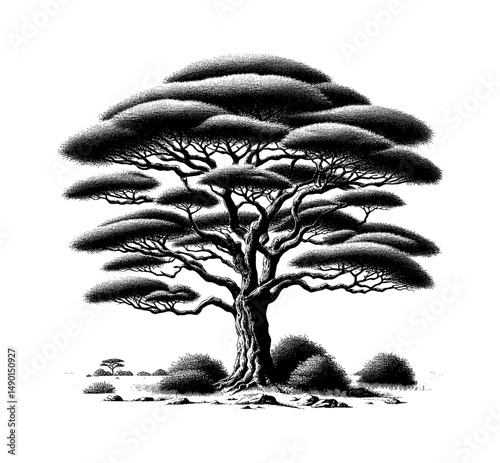 Detailed Black and White Line Art Drawing of a Large Tree with Bushy Foliage