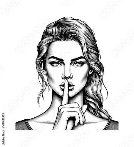 Woman With Finger on Lips Asking for Silence in Detailed Black and White Line Art Drawing