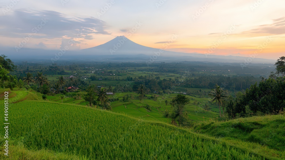 Fototapeta premium Top Angle of Tropical Rice Paddies at Dusk with Golden Reflections and Majestic Mountain View