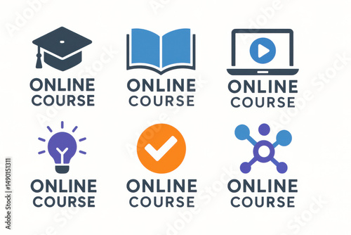 Online course logos with graduation caps and books