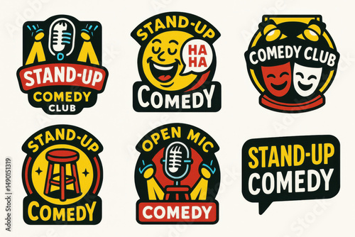 Comedy club logos with fun faces and bright typography