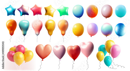 Set of 3d realistic vector colored balloons of various shapes, heart, star, spheres. Helium balloons for Happy birthday, wedding, party anniversary. Template realistic vector, collection of balloon.