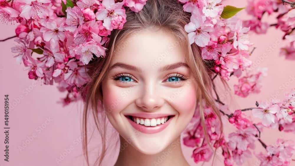 Young Woman with Blue Eyes Surrounded by Pink Cherry Blossom Flowers in Soft Pastel Background 4k video footage Young Woman with Blue Eyes Surrounded by Pink Cherry Blossom Flowers in Soft Pastel Background 4k video footage