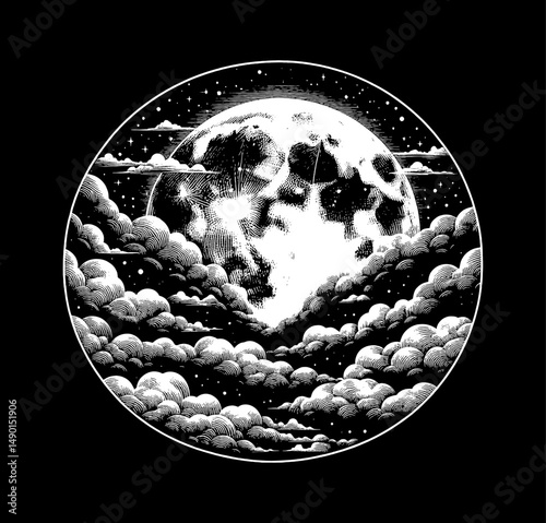 Full Moon Shining Brightly Through Clouds in Detailed Engraving Style on Black Background
