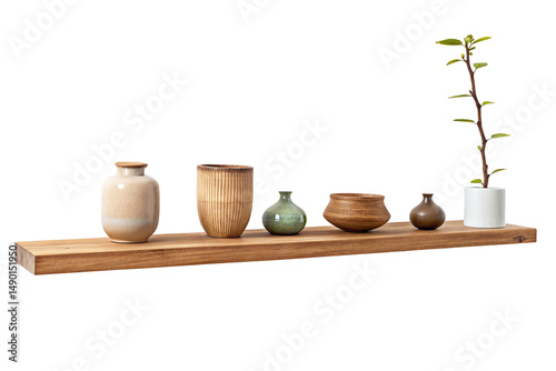 Wallpaper Mural Still life of various vases and a plant arranged on a wooden shelf against a black background space for text on transparent background Torontodigital.ca