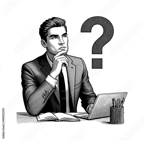 Pensive Businessman with Question Mark Thinking at Desk in Detailed Engraving Art