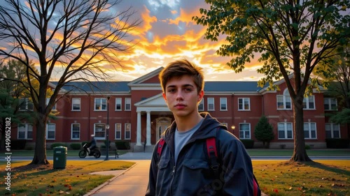 Young Man Standing Outside College Building During Beautiful Sunset with Vibrant Orange and Yellow Sky