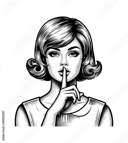 Retro Style Woman with Finger on Lips asking for Silence in Black and White Engraving