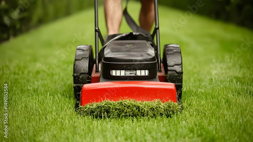 Close-Up of Electric Lawnmower Cutting Lush Green Grass in Garden