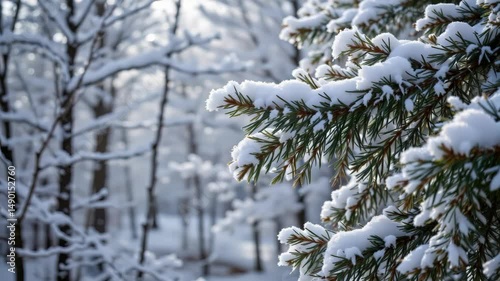 Snow-Covered Pine Branches Amidst a Winter Wonderland with Soft Hues and Blurry Background Elements