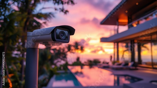 Luxury villa with AI surveillance camera at sunset over tropical landscape