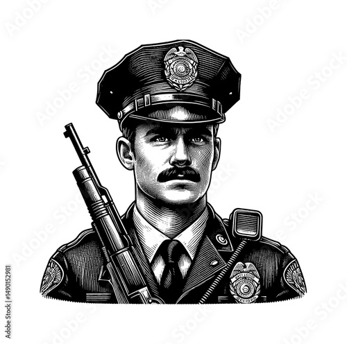Portrait of Serious Police Officer with Rifle in Detailed Black and White Engraving