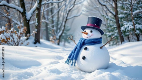 Cheerful Snowman with a Scarf and Hat Standing in a Winter Wonderland Surrounded by Snowy Trees