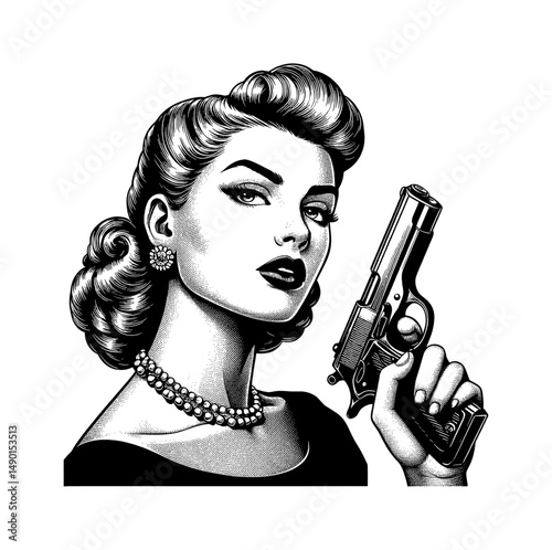 Elegant woman in black dress holding a handgun with serious expression engraving art