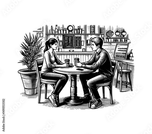 Couple Sitting at Cafe Table Enjoying Coffee and Conversation in Detailed Black and White