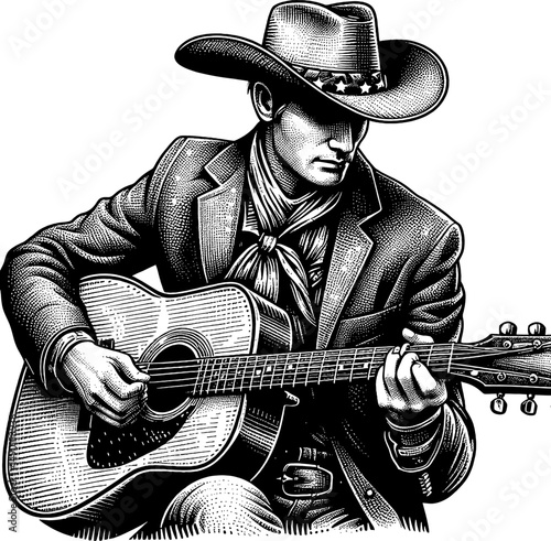 Cowboy Playing Guitar in Detailed Black and White Line Art Wearing Hat and Scarf Engraving