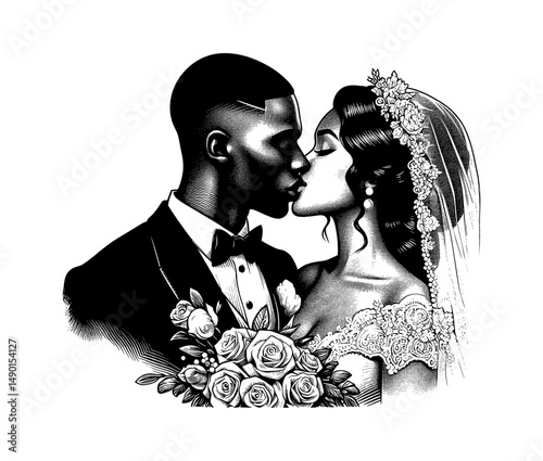Engraved illustration of a kissing bride and groom with roses and black and white