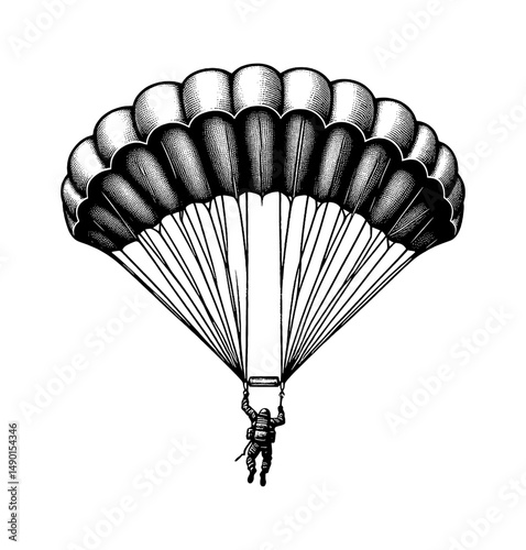 Illustration of a Parachutist in Mid-Air with an Open Parachute in Detailed Engraving Style