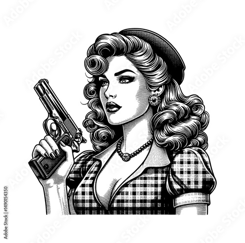Confident Woman Holding a Gun in Vintage Black and White Engraving Style Illustration
