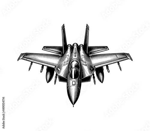 Detailed Engraving of a Military Jet Viewed from Front on White Background