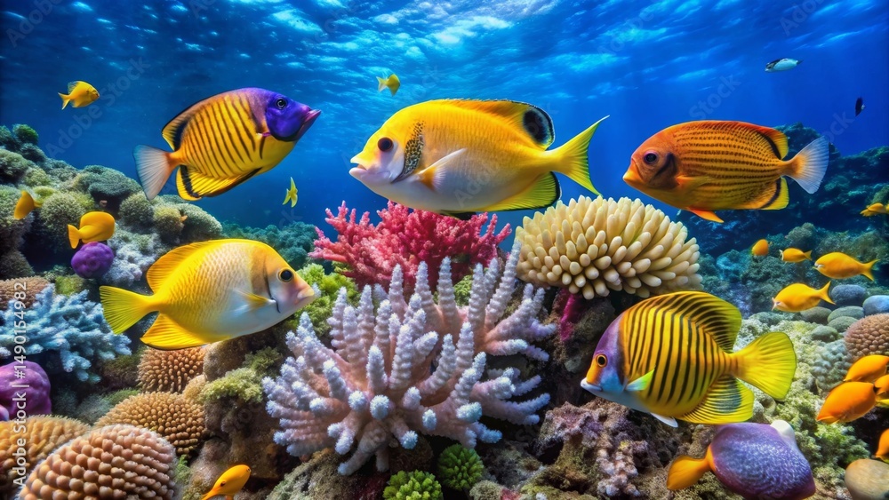 Naklejka premium Vibrant Reef Ecosystem Showcases Colorful Fish and Coral Structures in a Thriving Underwater Habitat