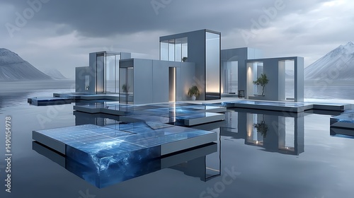 Fototapeta Naklejka Na Ścianę i Meble -  Creative oceanic floating solar energy farm modern high resolution picture