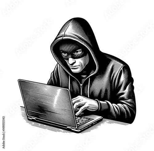 Hacker in hoodie and mask typing on a laptop with serious expression in detailed line art