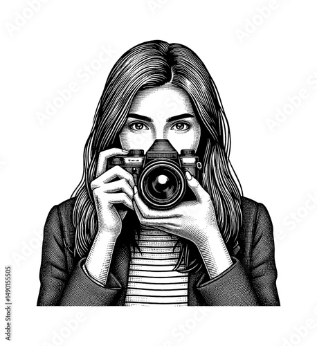 Woman Holding Camera Taking Photo in Detailed Vintage Black and White Line Art Drawing