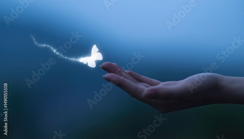 Delicate Hand Releasing a Glowing Butterfly into a Dreamy Ethereal Background at Dusk