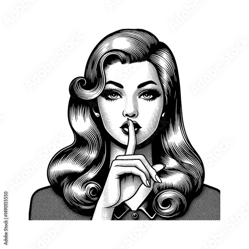 A beautiful woman asks for silence with a finger to her lips in detailed drawing