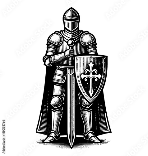 Full Armored Knight Standing Holding Sword and Shield Detailed Black and White Engraving Art