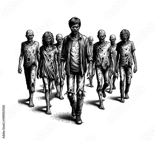 Engraving Style Illustration of Zombie Horde Walking Forward with Monochrome Color and Detailed Shading