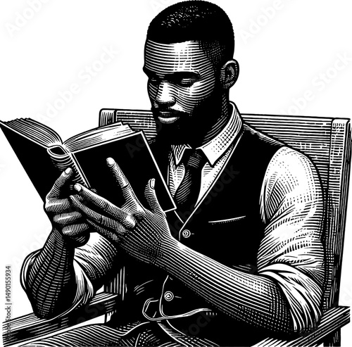 Black man is sitting and reading a book in a chair in detailed engraving style