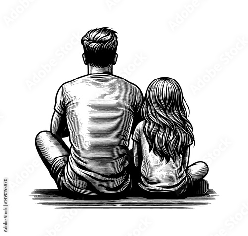 Father and Daughter Sitting Together Back View in Black and White Detailed Illustration