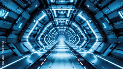 Futuristic Sci-Fi Corridor with Neon Blue Lights and Modern Architecture in High-Tech Environment