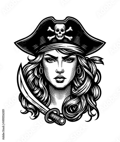 Engraved Portrait of a Serious Female Pirate with Hat, Skull, Crossbones, Sword and Wavy Hair