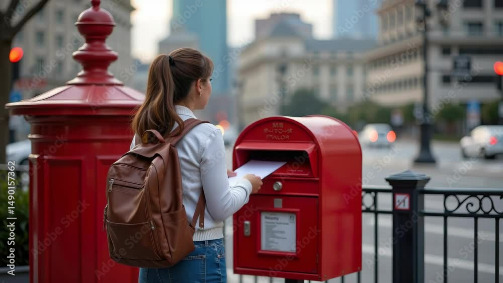 Young woman mailing a letter at a red mailbox in a bustling urban street during the day with city background
