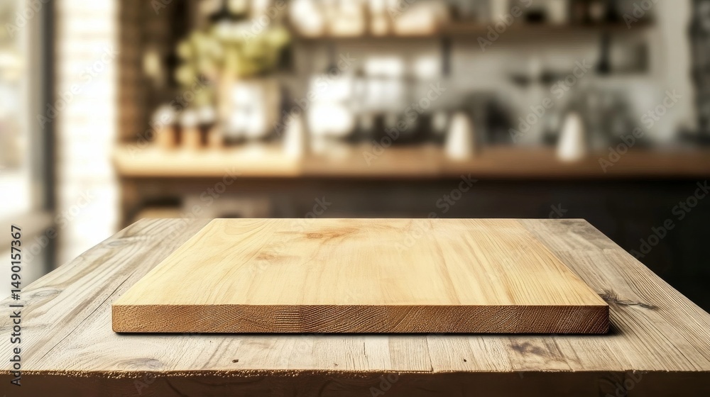 Fototapeta premium A blank wooden tabletop with a blurry restaurant behind it. Good for showing off products or adding text. 