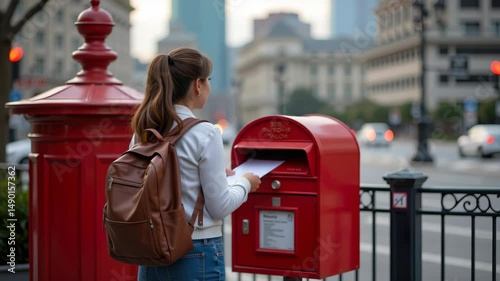 Young woman mailing a letter at a red mailbox in a bustling urban street during the day with city background