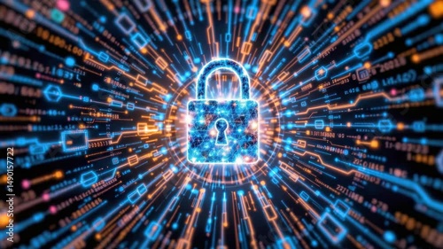 Digital Data Encryption Concept with Bright Lock Symbol Surrounded by Glowing Lines and Patterns in Vibrant Colors