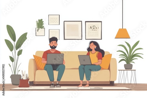 Indian spouses spending time with laptop computer in living room, browsing internet or shopping online together