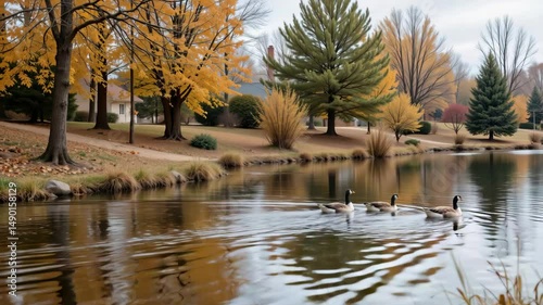 Tranquil Scene of Geese Swimming in Serene Pond Surrounded by Autumn Foliage and Vibrant Nature