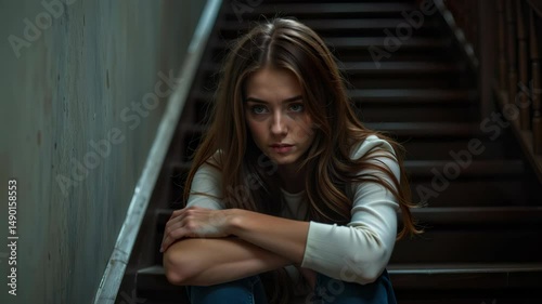 Emotional portrait of young woman sitting on stairs looking pensive and lost in thought in a moody indoor setting
