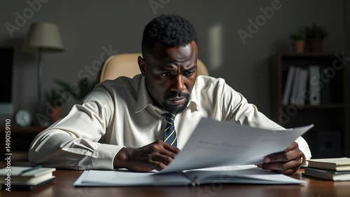 Focused Businessman Examining Documents with Intense Concentration in Modern Office Setting