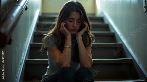 Young woman sitting on stairs with anxious expression, emphasizing feelings of uncertainty and worry in indoor setting