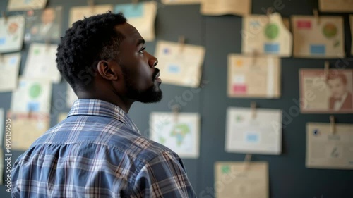 Thoughtful Man Observing Research Notes and Maps in an Abstract Workspace Setting for Creative Inspiration